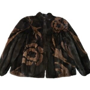 Vintage Adolfo Sport Real Mink Fur Floral Pattern Jacket Brown Black 80s 90s L